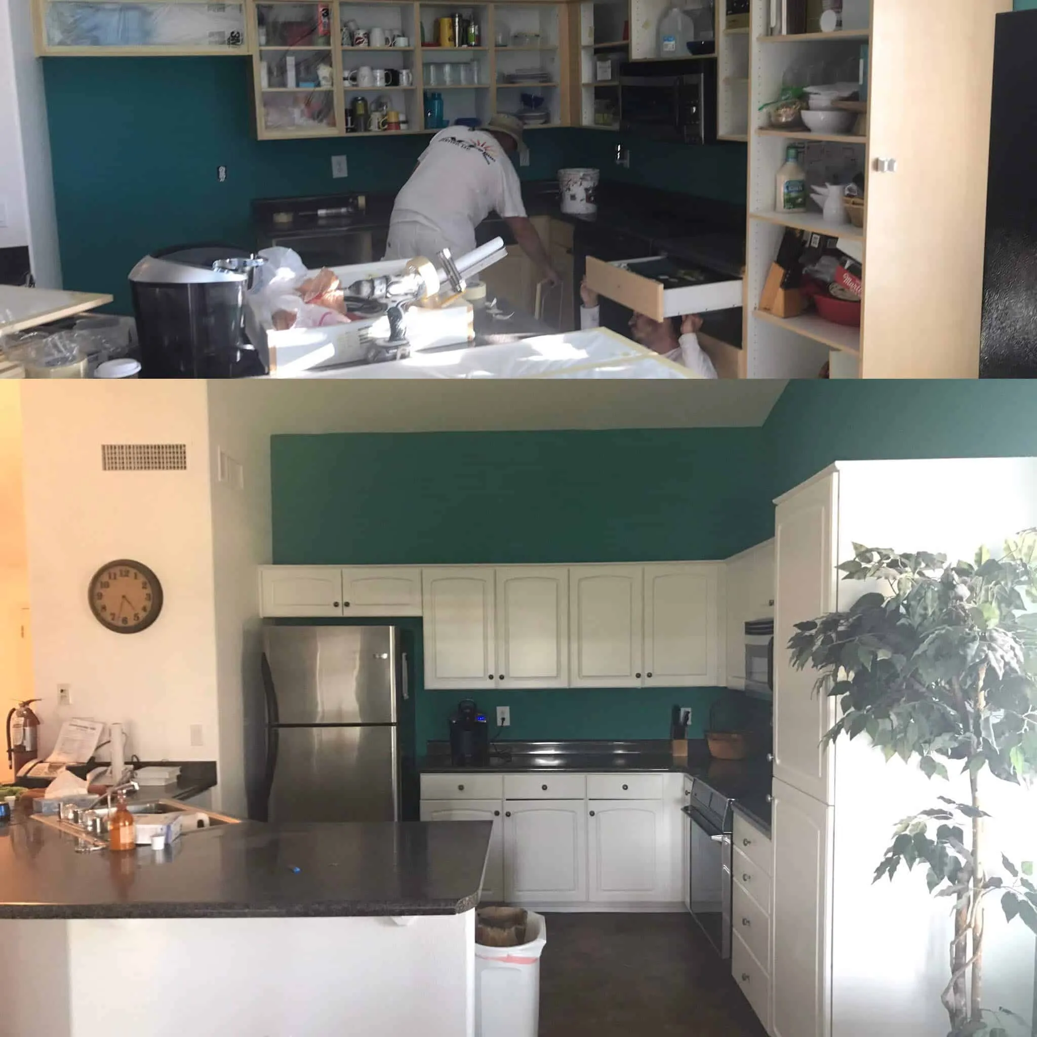 white cabinets and dark kitchen wall